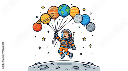 Playful astronaut floats with planetary balloons above a cratered lunar surface