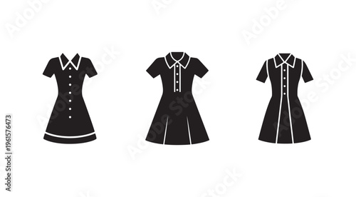 Three black and white dresses with white trim and buttons on a white background  simple fashion icons