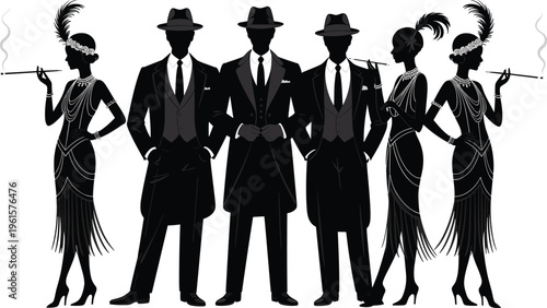 Vintage 1920s gangster and flapper silhouettes, elegant Art Deco fashion illustration with stylish men and women, retro glamour isolated on white background