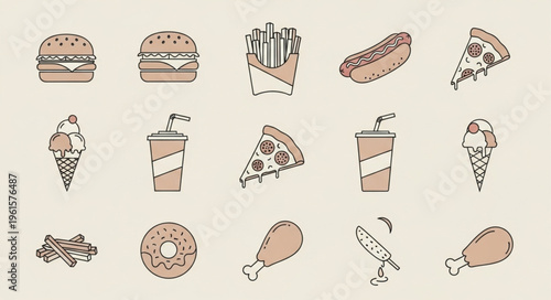 Hand-Drawn Fast Food Icons - Burgers, Fries, Pizza, and More.
