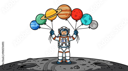 Smiling astronaut playing with colorful planet balloons on the moon's surface, a whimsical space graphic.