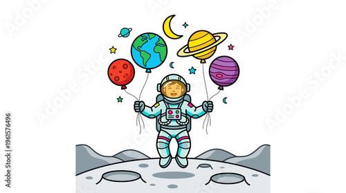 Playful Astronaut Jumping on Moon Surface, Holding Planet-Shaped Balloons Illustration