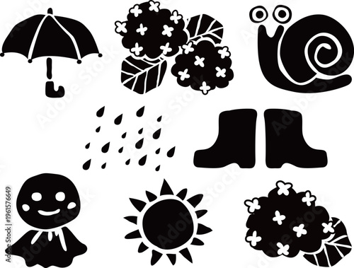 6月の季節のイラスト　梅雨や雨の日のイメージシルエットベクターイラストセット
