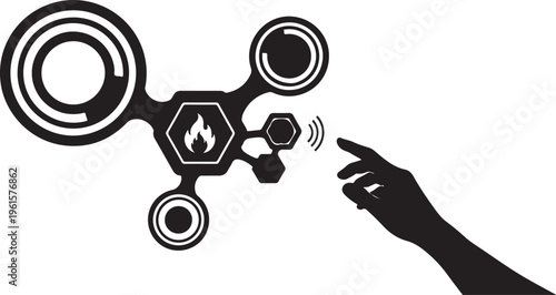 Hand interacting with futuristic spinning device icon