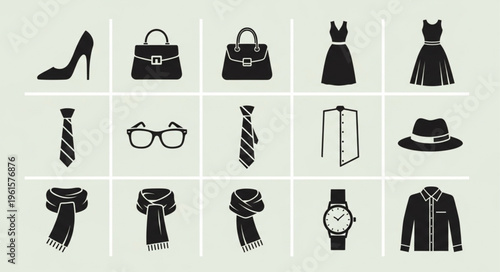 Collection of Fashion Accessories and Clothing Icons in Silhouette Style.