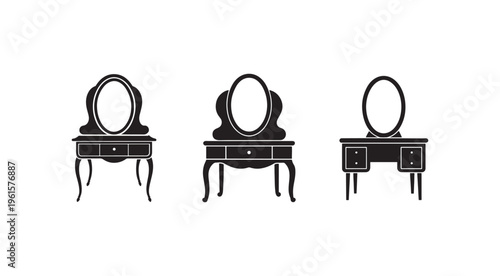Three black and white vanity dresser icons with oval mirrors on top and drawers  simple silhouettes for design and decoration