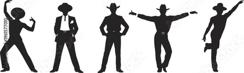 Silhouette dancers in wide brim hats, stylish dance poses, artistic performance illustration, cultural movement, expressive choreography design