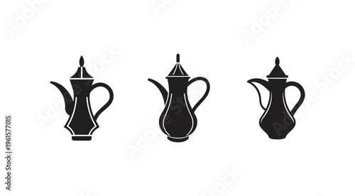 Three black Arabic coffee pots with lids and handles in different shapes and designs on white background  tea  coffee  kettle