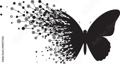 Butterfly Silhouette with Particles and Gears on White Background