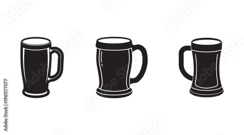 Three black beer mugs with handles in different angles on white background