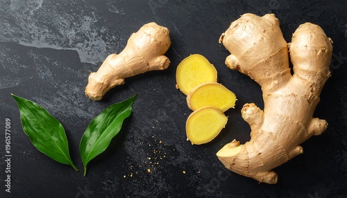 Fresh Ginger Root and Slices on Dark Background.