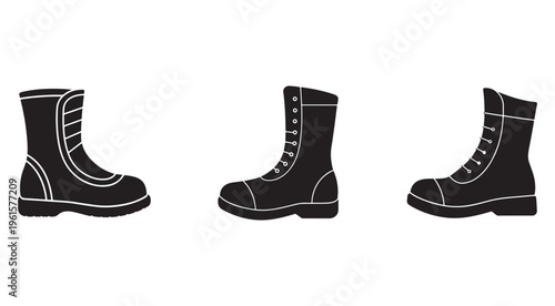 Three black boots with white outlines in different positions and styles for footwear or fashion design  isolated on white background