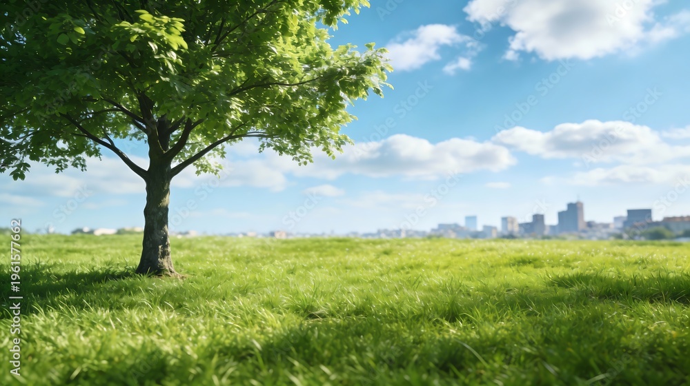 Obraz premium Lush Green Meadow with Single Tree and City Skyline