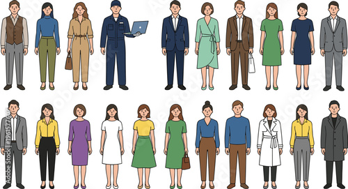 Diverse people illustration set, men and women characters in different outfits, professions and casual styles, flat design vector collection isolated on background