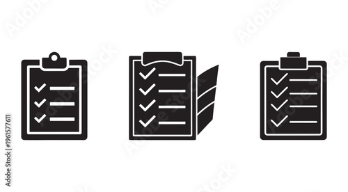 Three black clipboard icons with checklists on white background  checklist and to do list symbols