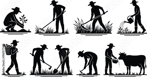 Farmer silhouette collection, agriculture work icons showing planting watering digging harvesting and livestock feeding, black vector illustration isolated on white background