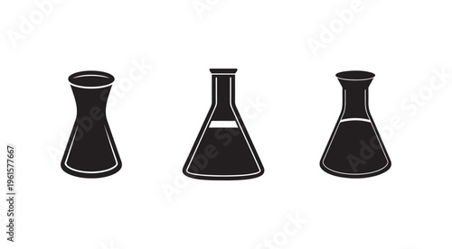 Three black conical laboratory flasks in different sizes on white background  science equipment