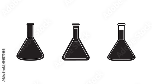 Three black conical flasks with white outlines on white background for chemistry and laboratory concepts
