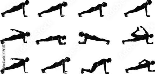 Silhouette illustrations of plank exercise variations, core workout positions, fitness training poses, strength endurance routines for healthy lifestyle