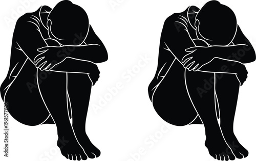 Silhouette of introspective person sitting with knees drawn up, mirrored reflection, emotional posture, loneliness, depression, mental health concept