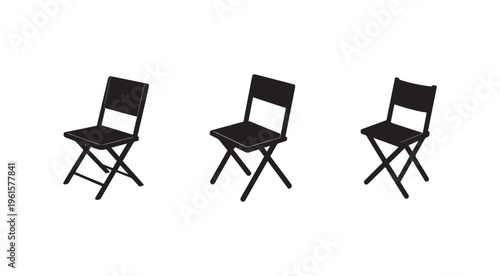 Three black folding chairs in different positions on white background  simple modern design