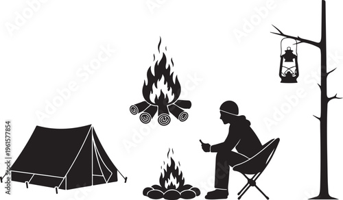 Camping Silhouette with Tent and Fire
