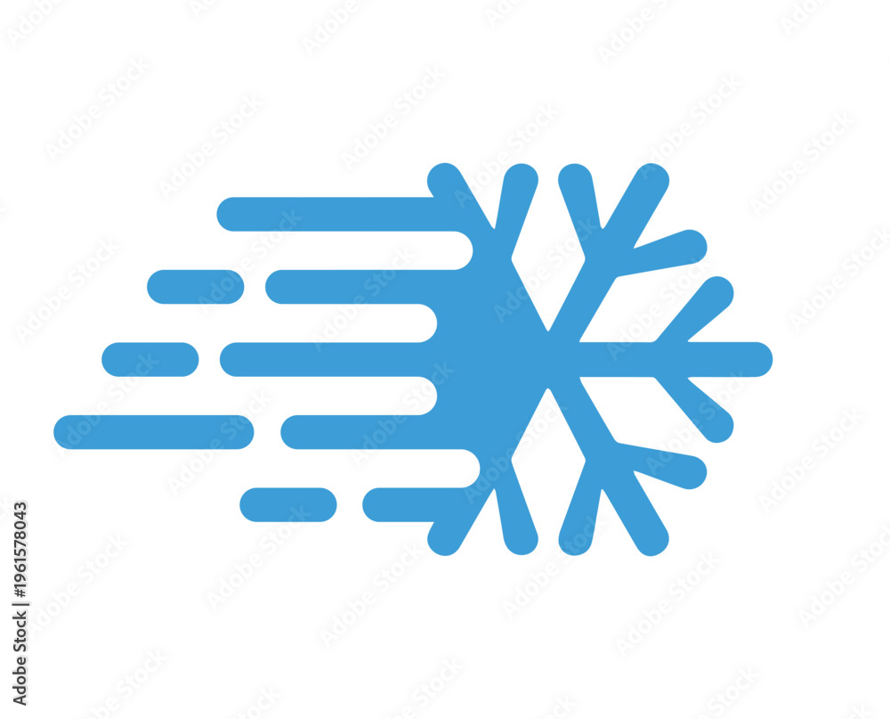 Obraz premium Fast cold weather snowflake icon featuring blue horizontal motion lines on clean white background layout