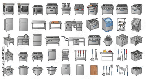 Commercial Kitchen Equipment, Restaurant Appliances, Stainless Steel, Catering Tools, Cooking Equipment Professional Workspace Vector Illustration