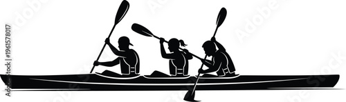Silhouette of three people kayaking together, teamwork in motion, outdoor water sport adventure, synchronized paddling in black canoe illustration