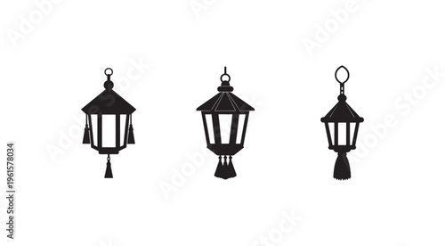 Three black hanging lanterns with tassels isolated on white background  decorative lamp silhouettes