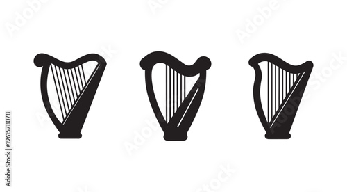 Three black harp silhouettes in different angles  musical instruments  isolated on white background