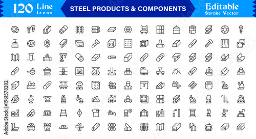 Premium Steel Products and Components Line Icon Collection Featuring Clean Minimal Line Art and Professional Editable Icons for Engineering and Fabrication