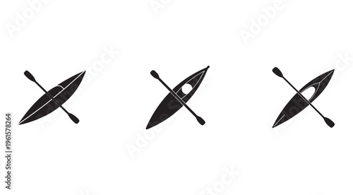 Three black kayak icons with crossed paddles in different positions on white background for design and illustration  various angles