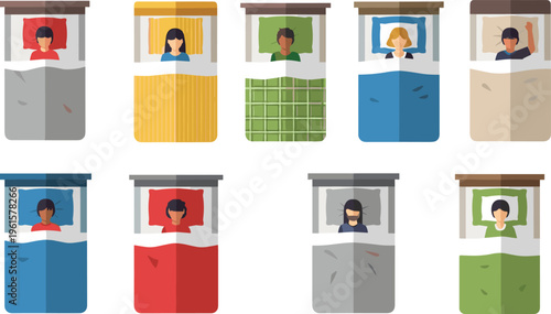 People sleeping in bed collection with different blankets and positions, bedtime routine illustration set showing rest, comfort, night sleep habits and lifestyle concepts