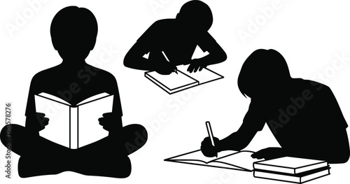 Silhouette illustration of people reading books and writing notes, educational study concept with students learning knowledge and academic activities