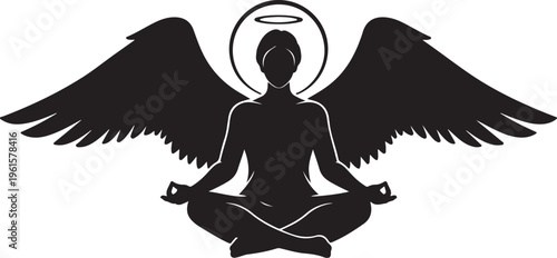 Meditating Angel with Wings in Lotus Position Silhouette