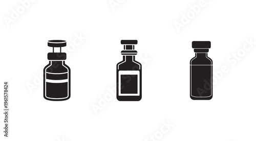 Three black medical vials with different shapes and labels on white background  vaccine bottles