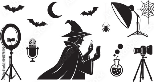 Silhouette of a witch recording a video for Halloween
