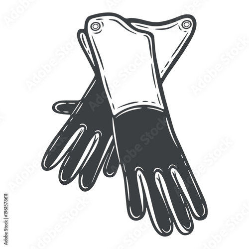 A pair of gloves, gardening tool, safety equipment, lines, hand-drawn, black and white, graphic illustration, engraving isolated