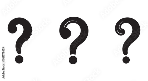 Three black question mark symbols in different styles on white background  representing inquiry and confusion