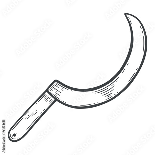 Sickle, gardening tool, lines, hand-drawn, black and white, graphic illustration, engraving isolated