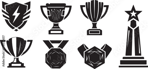 Collection of various trophy and medal icons in black