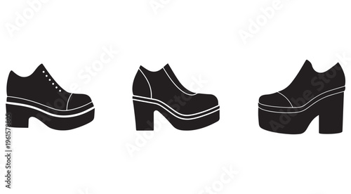 Three black silhouette highheeled shoe icons with thick soles and white details in different styles and angles isolated on white background