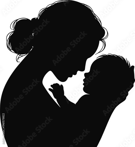 Silhouette vector illustration of parent holding infant in tender embrace representing love, care, bonding, parenting, and family lifestyle design
