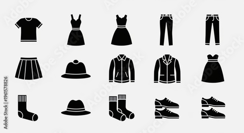 Collection of Clothing Icons - Dresses, Shirts, Pants, and Accessories.