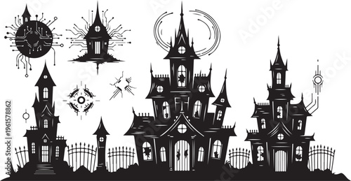 Haunted Houses and Spooky Decorations on a White Background
