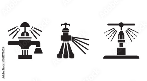 Three black silhouettes of different sprinkler systems for irrigation and watering purposes in agriculture and gardening  used for water conservation and efficient water distribution