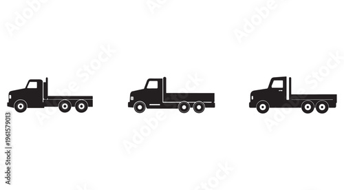Three black silhouettes of flatbed trucks with wheels and cabs in different angles on white background  truck silhouettes