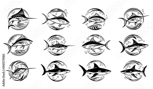 Stylized Fish Shark Emblem Set Monochrome Decorative Vector Design