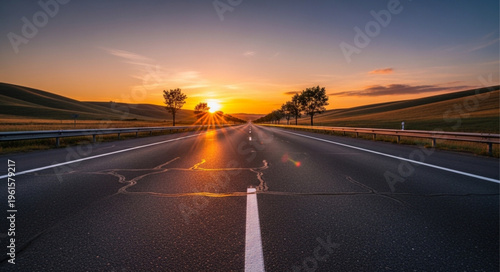 Sunset on Empty Highway Road.